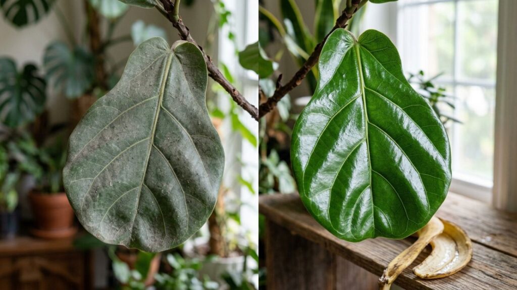 Casca-de-banana-3-1024x576 Não jogue as cascas de banana fora: ideias para reutilizar a parte interna para limpar e dar brilho natural em folhas grandes de plantas ornamentais de interior