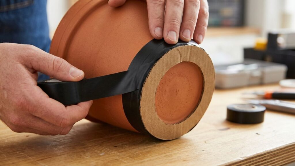 Cones-vazios-de-papelao-2-1024x576 Não jogue os cones vazios de papelão da fita adesiva larga fora: ideias para reutilizar esses aros espessos colados no fundo de grandes vasos pesados para não arranhar o piso porcelanato