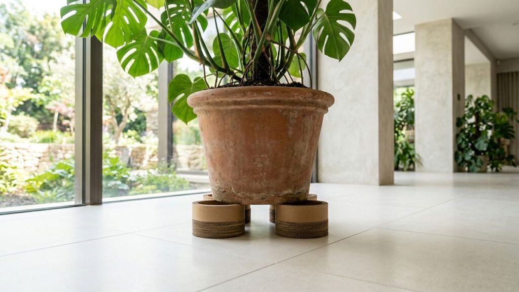 Cones-vazios-de-papelao-3-1024x576 Não jogue os cones vazios de papelão da fita adesiva larga fora: ideias para reutilizar esses aros espessos colados no fundo de grandes vasos pesados para não arranhar o piso porcelanato
