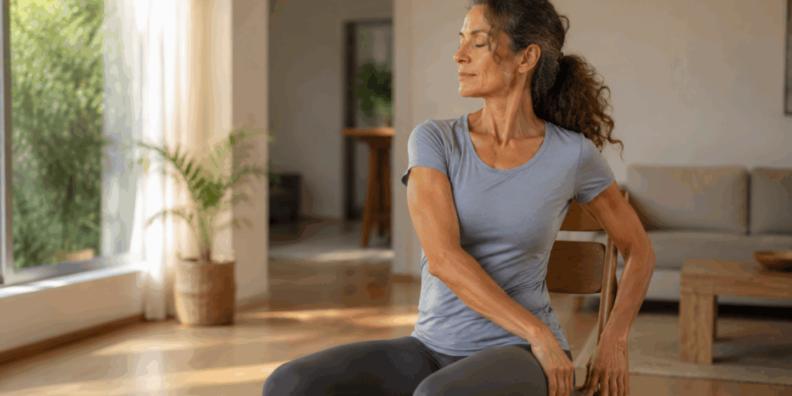 Sem academia, sem tapete, sem desculpa: yoga na cadeira para quem quer se mover depois dos 60