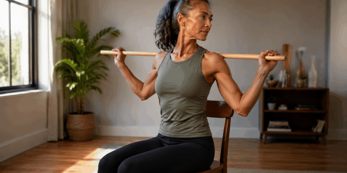 Pilates na cadeira em 20 minutos: a prática com vassoura que alivia o ciático e dá força após os 60