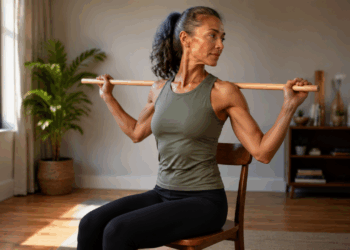 Pilates na cadeira em 20 minutos: a prática com vassoura que alivia o ciático e dá força após os 60
