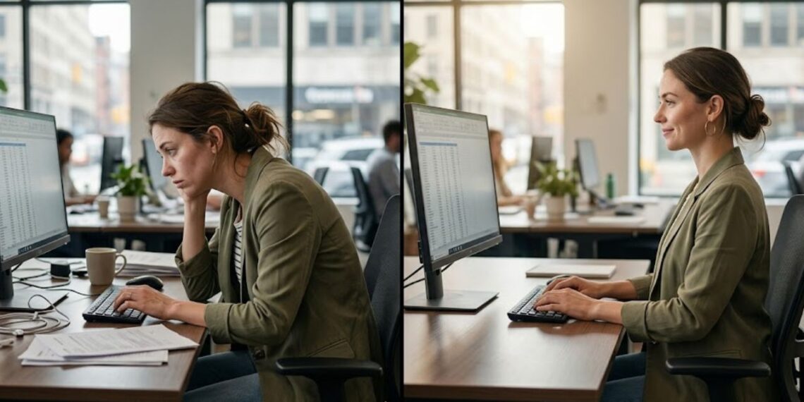 Exercícios de postura para quem trabalha sentado 8 horas por dia: o que muda em 3 semanas de prática