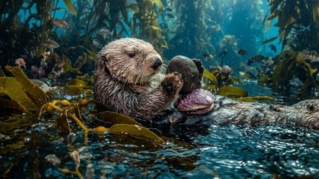 A lontra marinha que ensina filhotes por meses, usa ferramentas desde o nascimento e dorme de mãos dadas para não se perder do grupo durante a noite