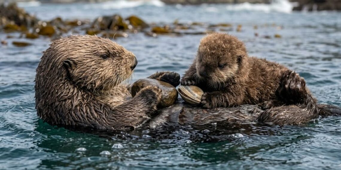 A lontra marinha que ensina filhotes por meses, usa ferramentas desde o nascimento e dorme de mãos dadas para não se perder do grupo durante a noite