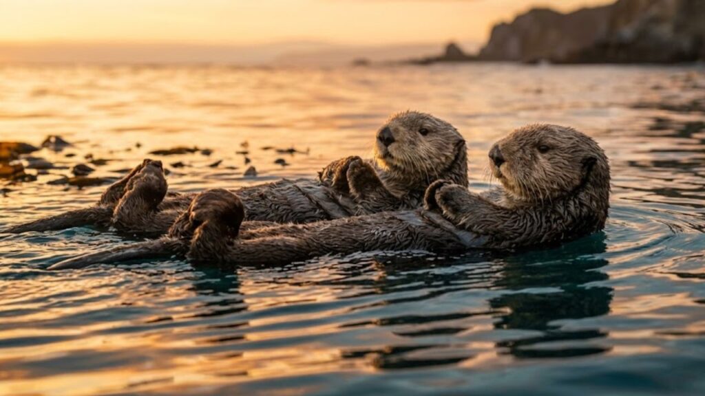 A lontra marinha que ensina filhotes por meses, usa ferramentas desde o nascimento e dorme de mãos dadas para não se perder do grupo durante a noite