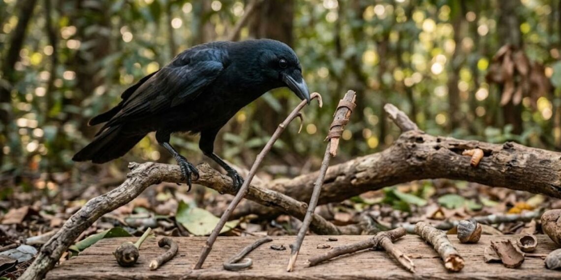 O corvo-da-nova-caledônia que fabrica ferramentas do zero, resolve quebra-cabeças em sequência e demonstra planejamento futuro que supera crianças de até 7 anos
