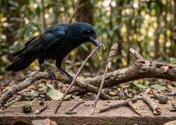 O corvo-da-nova-caledônia que fabrica ferramentas do zero, resolve quebra-cabeças em sequência e demonstra planejamento futuro que supera crianças de até 7 anos