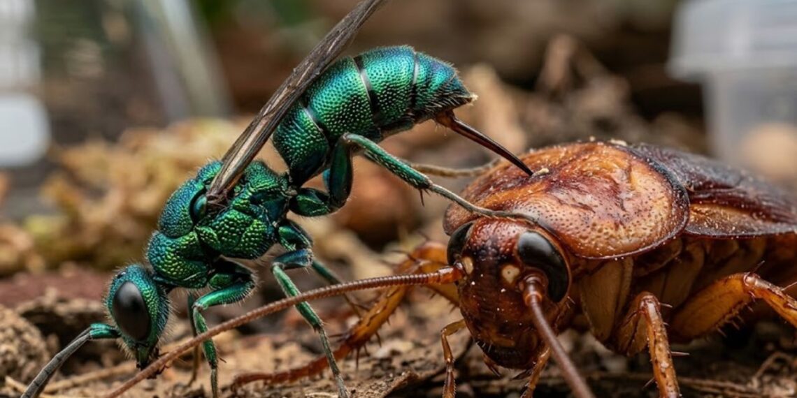 A vespa-esmeralda que não mata a barata, injeta veneno cirúrgico no cérebro para zumbificá-la e a usa como incubadora viva para seus ovos