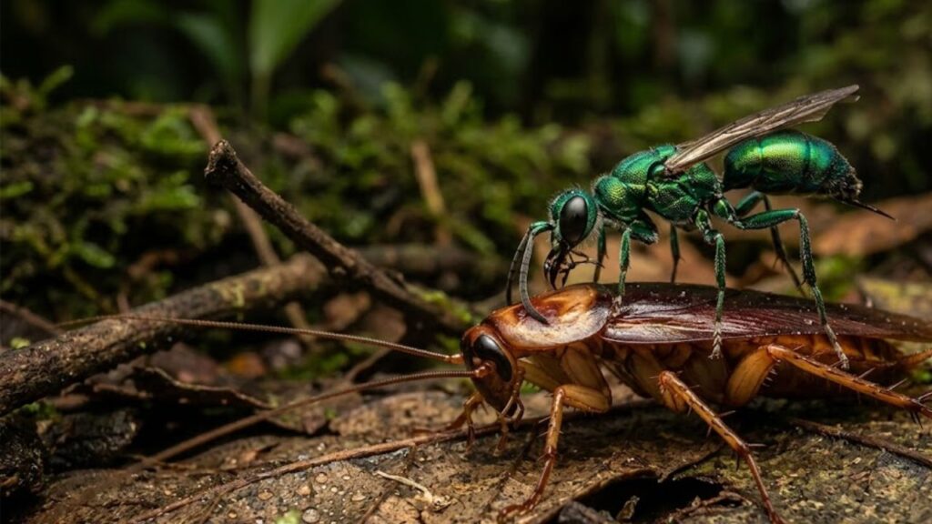 A vespa-esmeralda que não mata a barata, injeta veneno cirúrgico no cérebro para zumbificá-la e a usa como incubadora viva para seus ovos