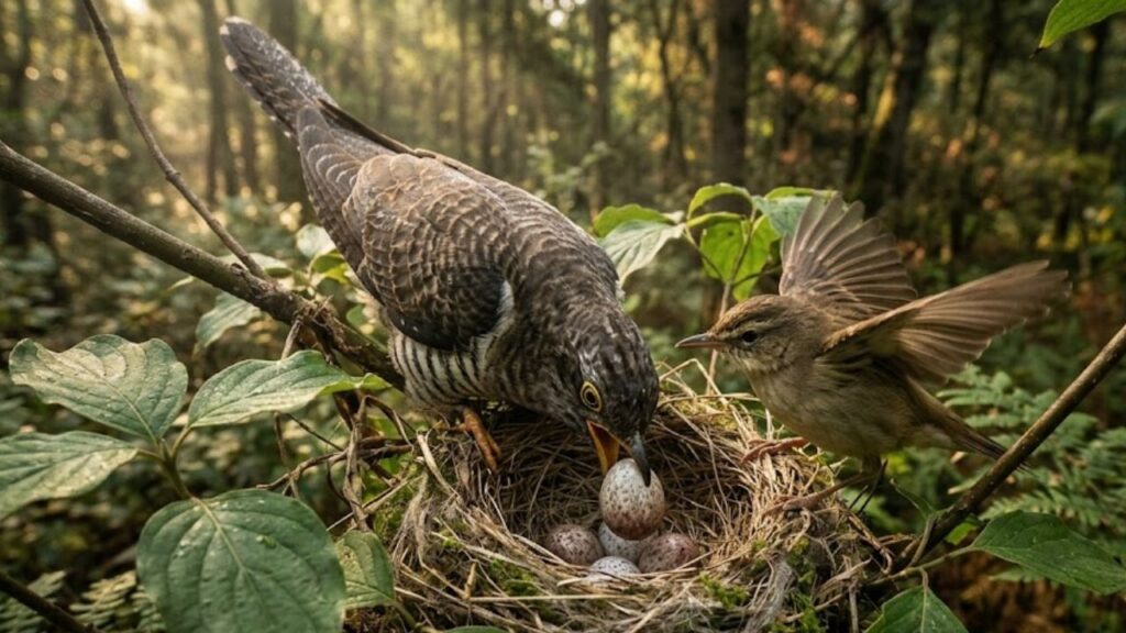 O cuco que nunca cria os próprios filhos, escolhe o ninho da vítima com precisão cirúrgica e programa o filhote para eliminar os ovos do hospedeiro logo após nascer
