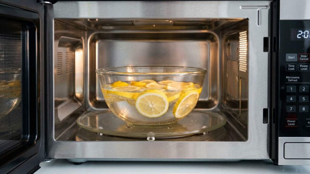 Forno-micro-ondas-3-1024x576 Como amolecer sujeira incrustada e limpar o forno micro-ondas por dentro: o truque fácil de aquecer água com rodelas de limão por três minutos