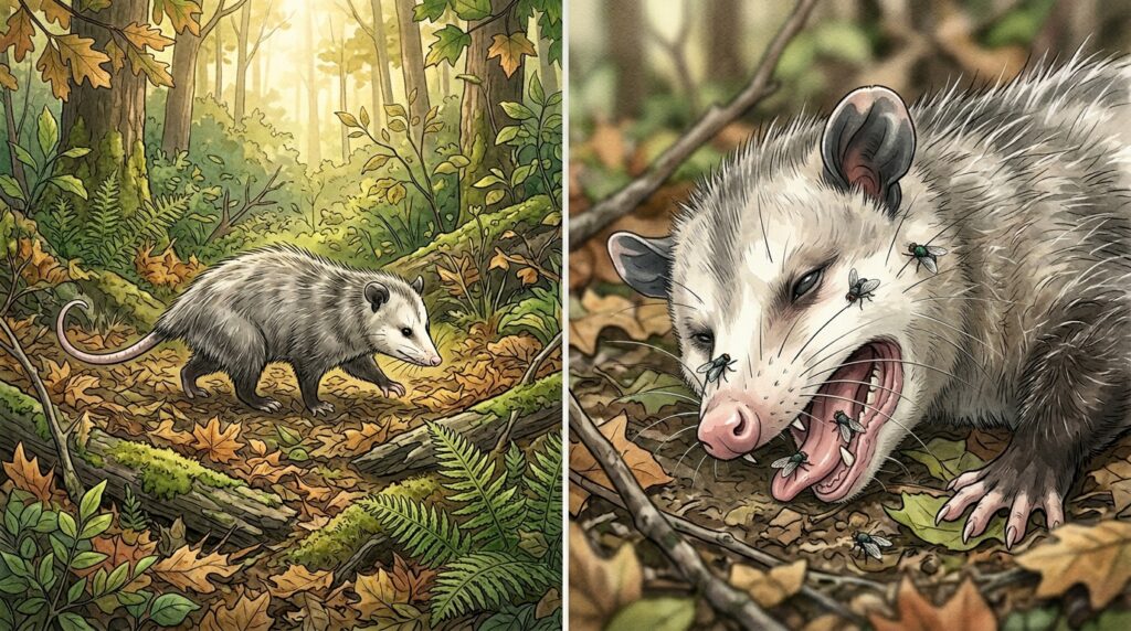 Gambá finge morte: o animal que engana predadores com a estratégia mais simples