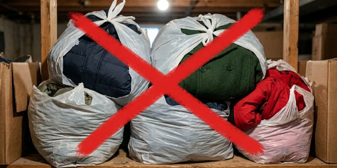 Pare de guardar casacos de frio embalados em sacos plásticos de supermercado: essa é a maneira correta de acondicionar em capas de TNT escuro para que o couro ou tecido respire