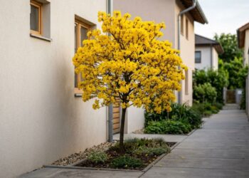 Essa árvore é ideal para o seu corredor externo: não racha o piso, proporciona sombra e dá flores amarelas vibrantes