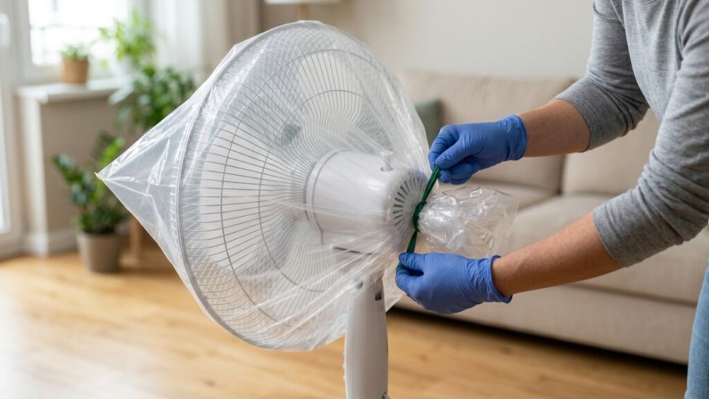 Como limpar o pó estático grosso das grades do ventilador sem precisar desmontar tudo: o truque fácil de borrifar água com amaciante e embalar num saco plástico ligado que sempre funciona