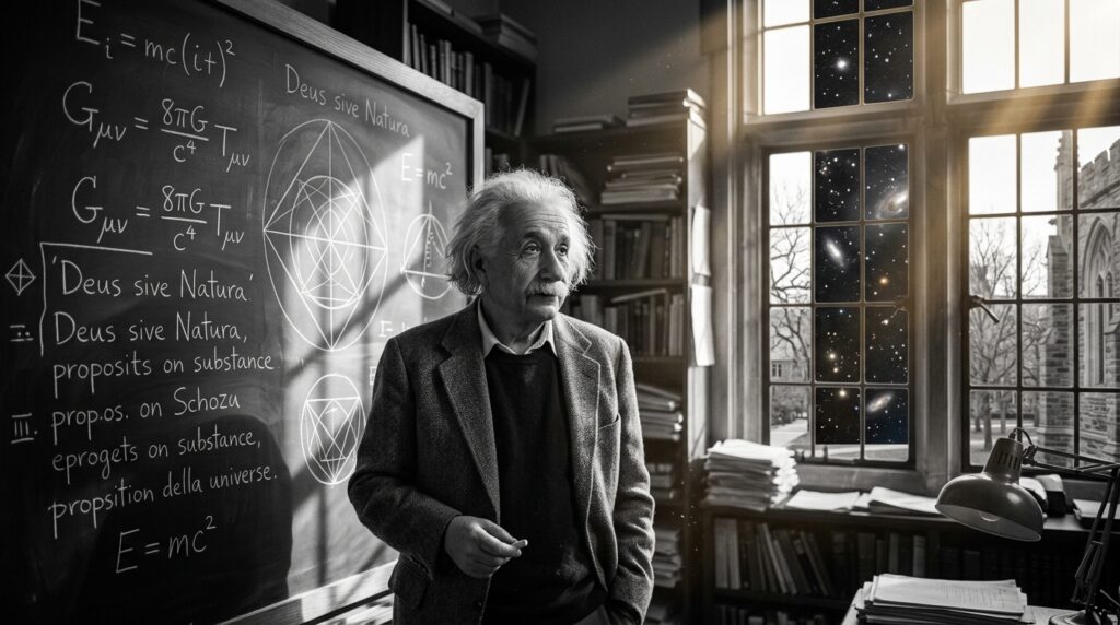 Albert Einstein sobre Baruch Spinoza “Acredito no Deus de Spinoza, que se revela na harmonia ordenada de tudo o que existe, e não em um Deus que se preocupa com o destino e as ações dos seres humanos.”