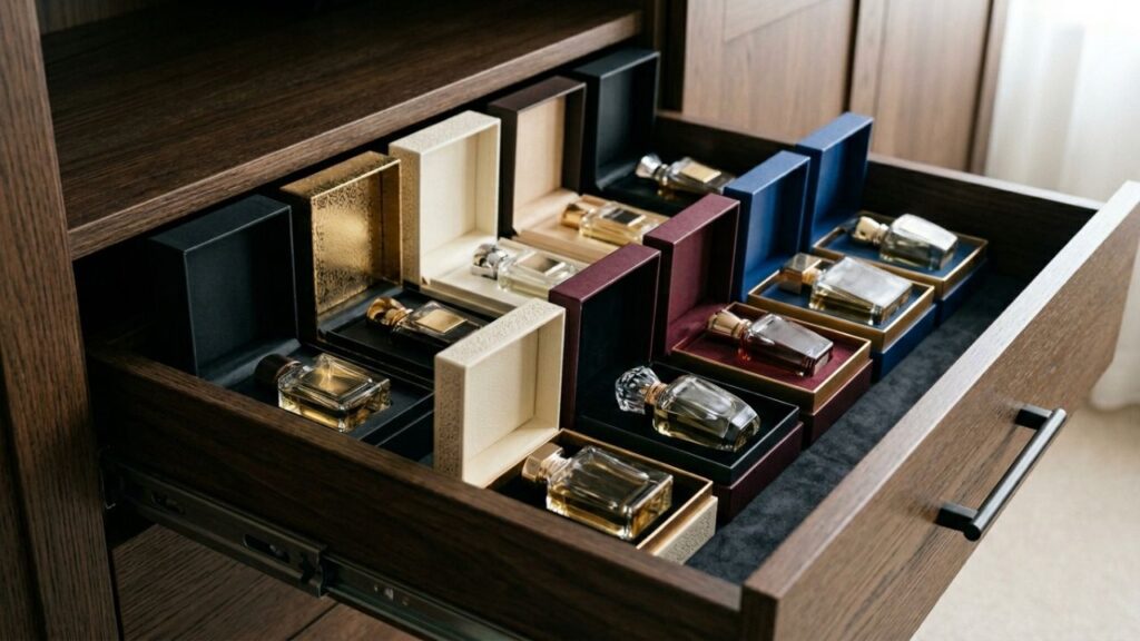 Perfumes-caros-3-1024x576 Pare de guardar seus perfumes caros expostos na bancada úmida do banheiro: essa é a maneira correta de mantê-los na caixa original no quarto para preservar a fixação da fragrância