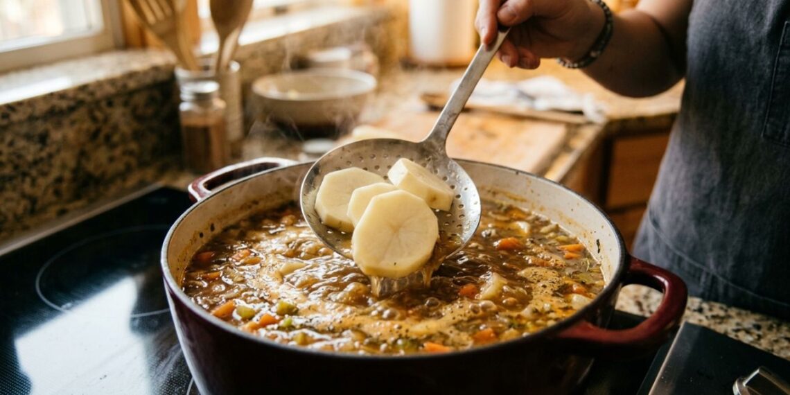 Colocar rodelas cruas de batata dentro da panela de sopa que ficou salgada demais: para que serve e por que você deve fazer isso para sugar o excesso de sal grosso
