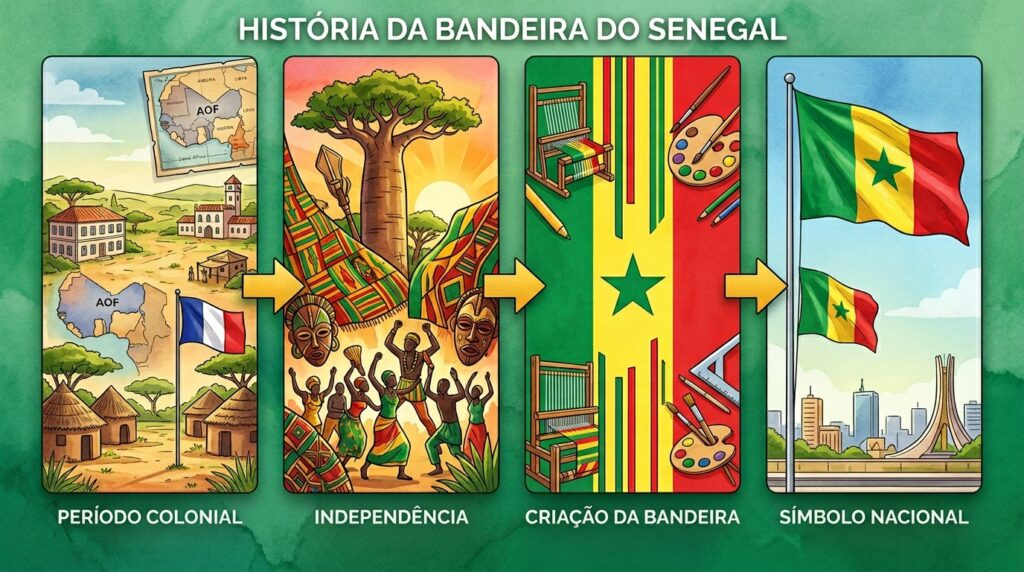 Por que a bandeira do Senegal tem verde, amarelo, vermelho e uma estrela verde, e qual a origem histórica desses símbolos?