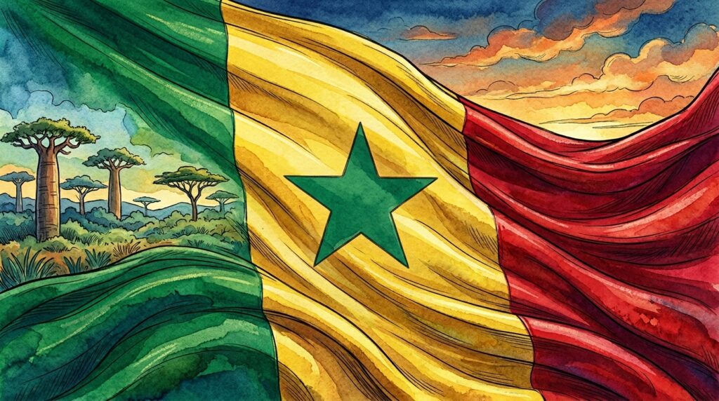 Por que a bandeira do Senegal tem verde, amarelo, vermelho e uma estrela verde, e qual a origem histórica desses símbolos?