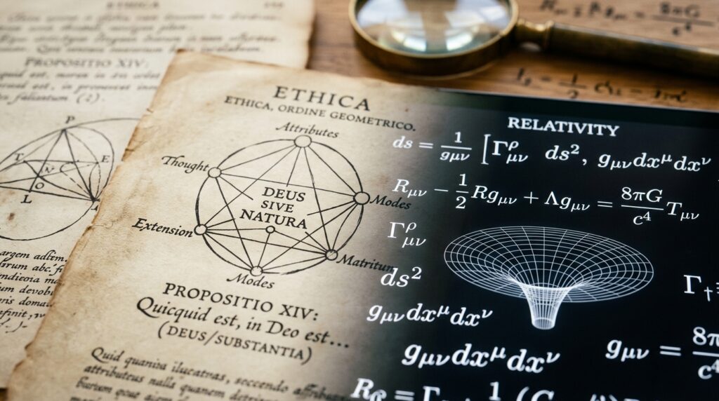 Albert Einstein sobre Baruch Spinoza “Acredito no Deus de Spinoza, que se revela na harmonia ordenada de tudo o que existe, e não em um Deus que se preocupa com o destino e as ações dos seres humanos.”