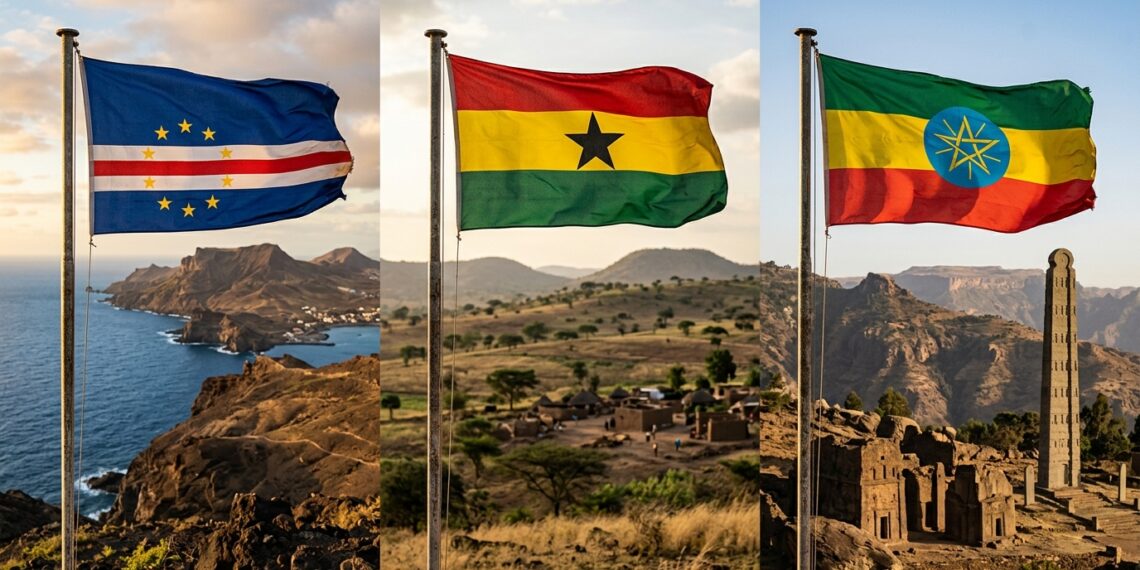 A cor azul significa isolamento em Cabo Verde e poder em Gana mesma faixa, mundos diferentes