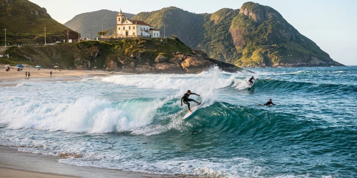 Capital Nacional do Surfe tem o Maracanã das ondas e uma igreja sobre o penhasco entre o mar e a lagoa