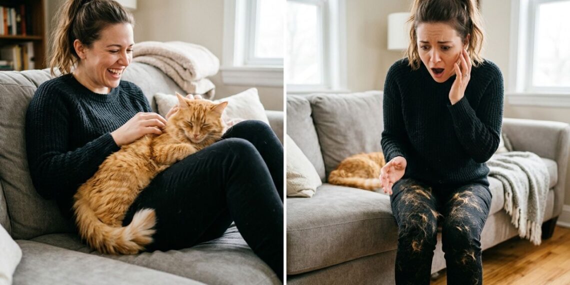 Como remover pelo de gato e cachorro grudado em calça preta rapidamente: o truque fácil de enrolar fita adesiva larga na mão que sempre funciona