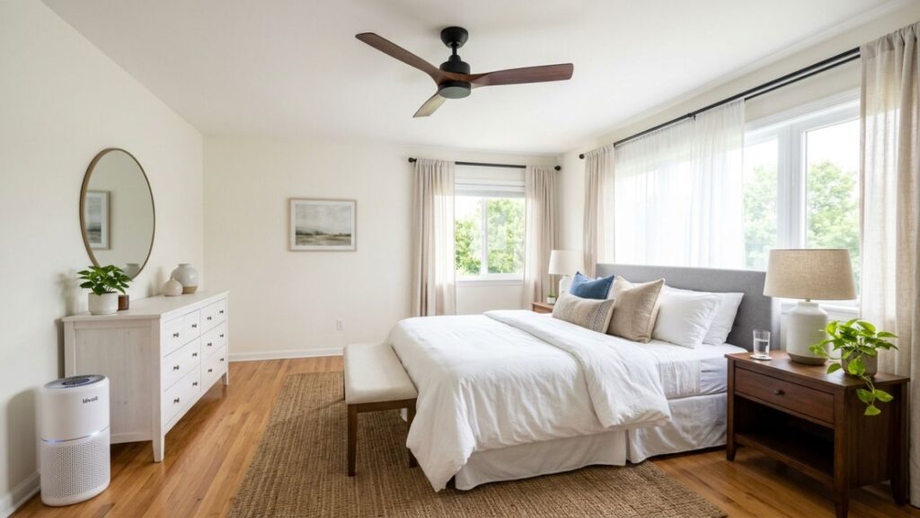 Ventilador-3-1024x576 Como tirar poeira das pás do ventilador de teto sem sujar a cama embaixo: o truque fácil de encapar as hélices com uma fronha velha que está na moda