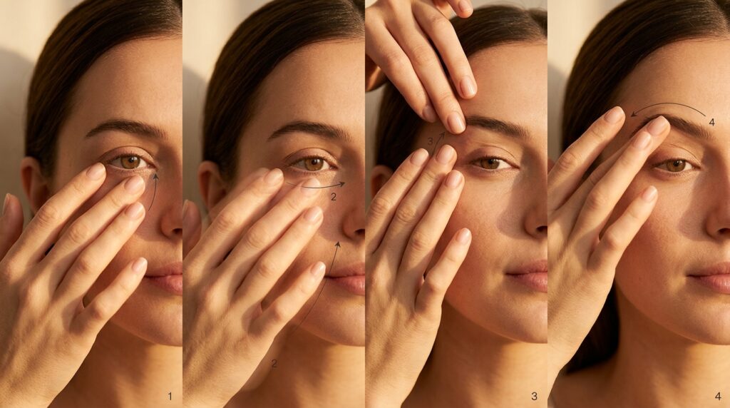 Como disfarçar as olheiras de cansaço: Dicas de massagem facial e autocuidado para o olhar.