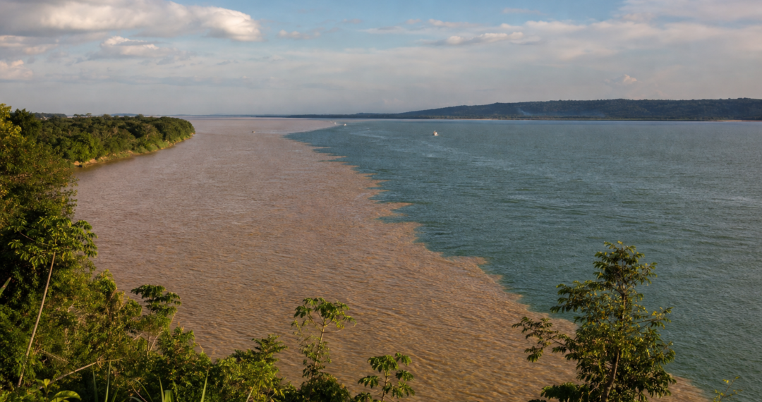 Encontro das águas em Santarém com o Rio Tapajós esverdeado ao lado do Rio Amazonas barrento, sem se misturar.