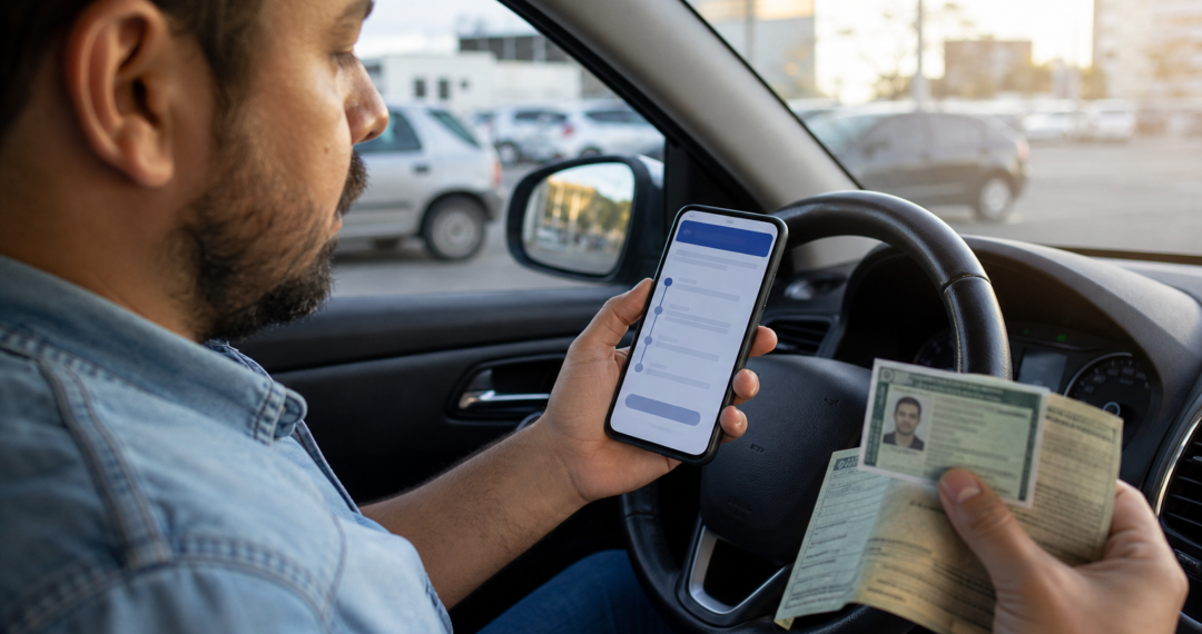 Motorista segurando celular e CNH em um processo de renovação automática da CNH.