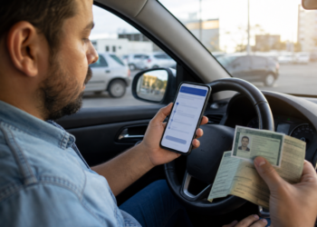 Motorista segurando celular e CNH em um processo de renovação automática da CNH.