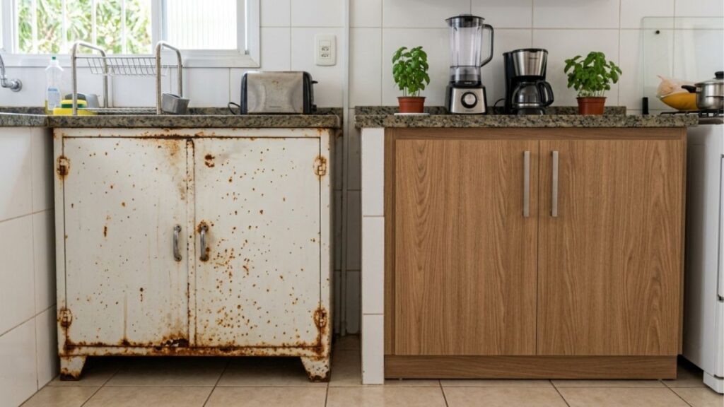 armario-1024x576 Adeus aos tradicionais armários de aço brancos que enferrujam na cozinha: a nova tendência é mais aconchegante e proporciona durabilidade com o MDF planejado amadeirado