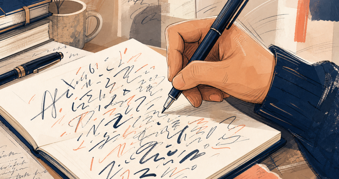 Mão escrevendo com letras maiúsculas e minúsculas misturadas em um caderno, destacando a escrita manual irregular.