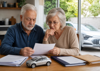 Casal de aposentados analisa contas de IPVA e compra de carro zero. Ao fundo, um carro novo simboliza a proposta de isenção de IPI para maiores de 60 anos.