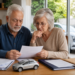 Casal de aposentados analisa contas de IPVA e compra de carro zero. Ao fundo, um carro novo simboliza a proposta de isenção de IPI para maiores de 60 anos.