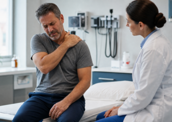 Pessoa com dor no pescoço e ombro em consulta médica, com expressão de desconforto e postura de proteção da região dolorida.