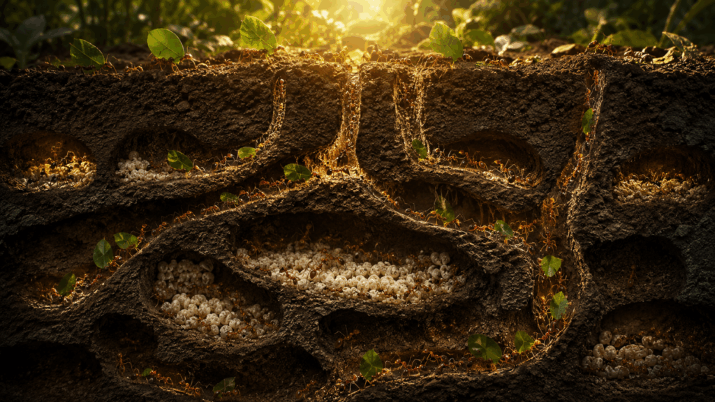 A formiga que não tem líder, não recebe ordens e mesmo assim constrói cidades subterrâneas com sistema de ventilação, cemitério e agricultura