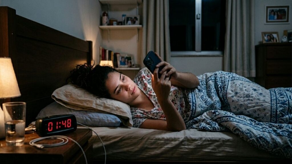Ativar o filtro de luz azul no celular em vez de usar o brilho normal à noite ajuda muito, mas só funciona se o aparelho for definitivamente guardado uma hora antes de deitar, evitando que o cérebro continue em estado de alerta devido à hiperestimulação das redes sociais