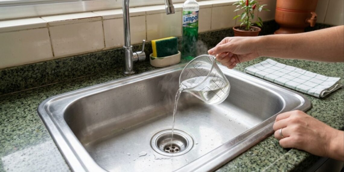 Basta aplicar meia xícara de vinagre branco quente no ralo e diga adeus ao mau cheiro na pia com um truque simples, rápido e eficaz que ajuda a manter a cozinha livre de odores ruins por muito mais tempo