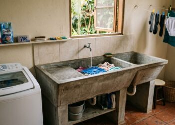 Adeus ao pesado tanque de cimento tradicional na lavanderia: a nova tendência é mais elegante e proporciona ganho de espaço com a cuba de inox embutida na bancada