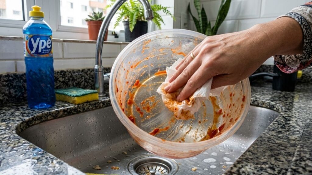 O truque simples da vovó com papel toalha e detergente para tirar manchas de gordura e molho de tomate dos potes de forma fácil e rápida