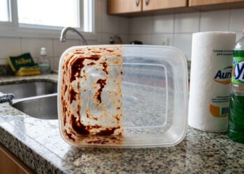 O truque simples da vovó com papel toalha e detergente para tirar manchas de gordura e molho de tomate dos potes de forma fácil e rápida
