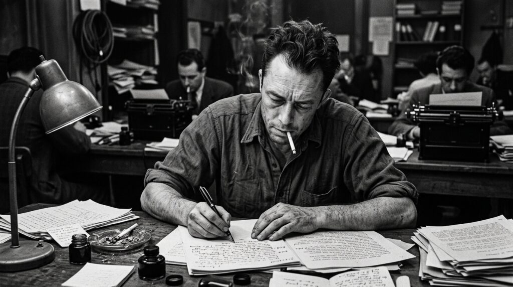 Frase de Albert Camus no dia: "A vida só é compreendida olhando-se para trás; mas ela só é vivida para frente." Uma reflexão sobre ação, tempo e existência em tempos de paralisia