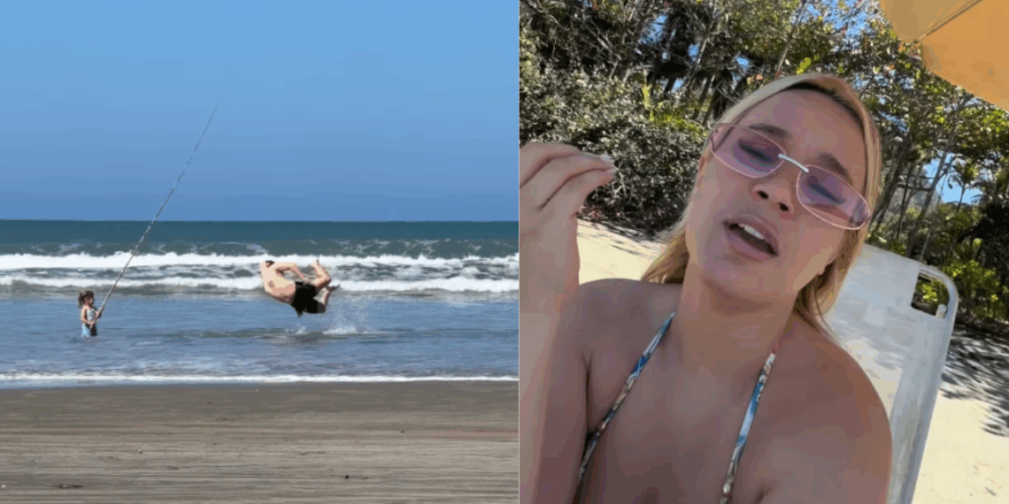 Pai finge ser peixe fisgado na praia para realizar desejo da filha e vídeo viraliza: “Dando a vida na atuação”
