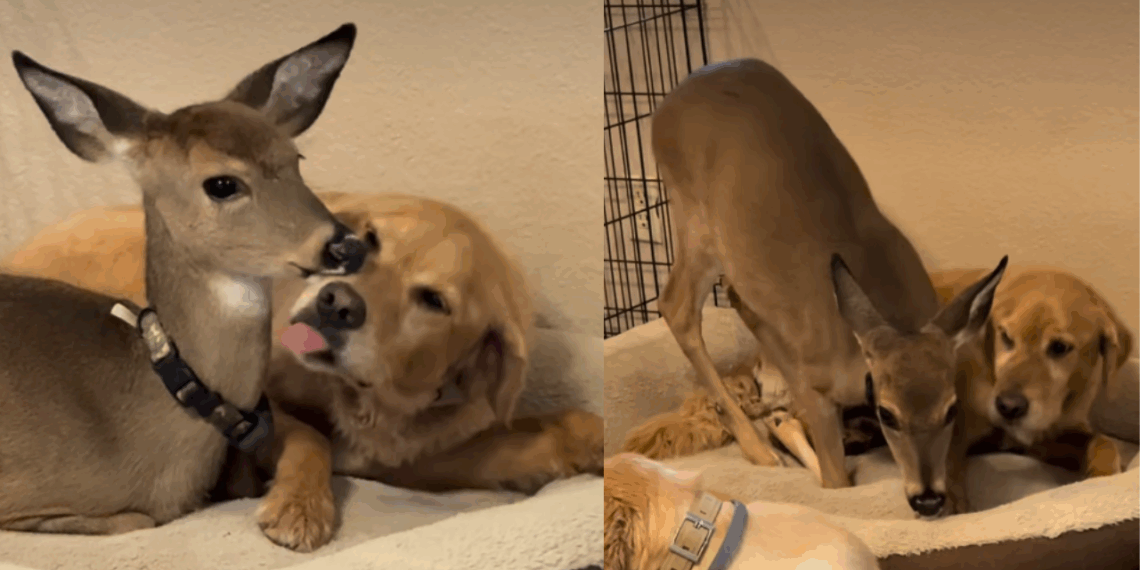 "Tem três camas": Cervo criado com golden retrievers cresce, mas recusa cama própria para dormir espremido com os 'irmãos'