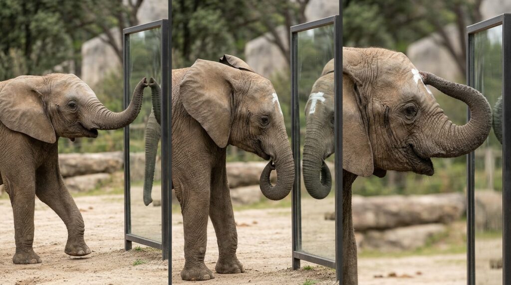 O que um elefante faz diante do espelho que cachorros e gatos nunca fizeram