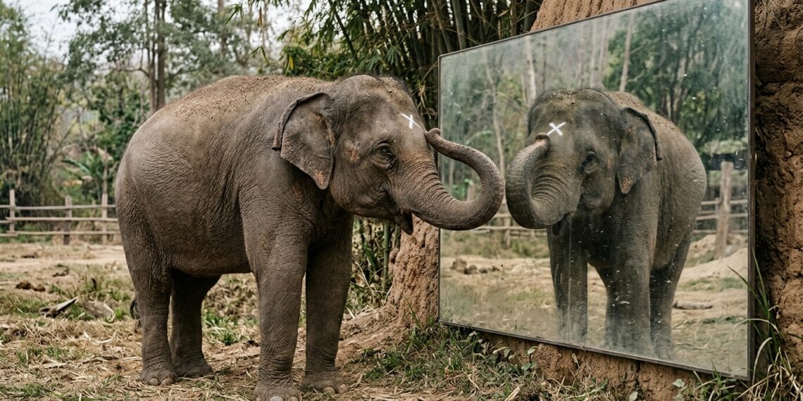 O que um elefante faz diante do espelho que cachorros e gatos nunca fizeram
